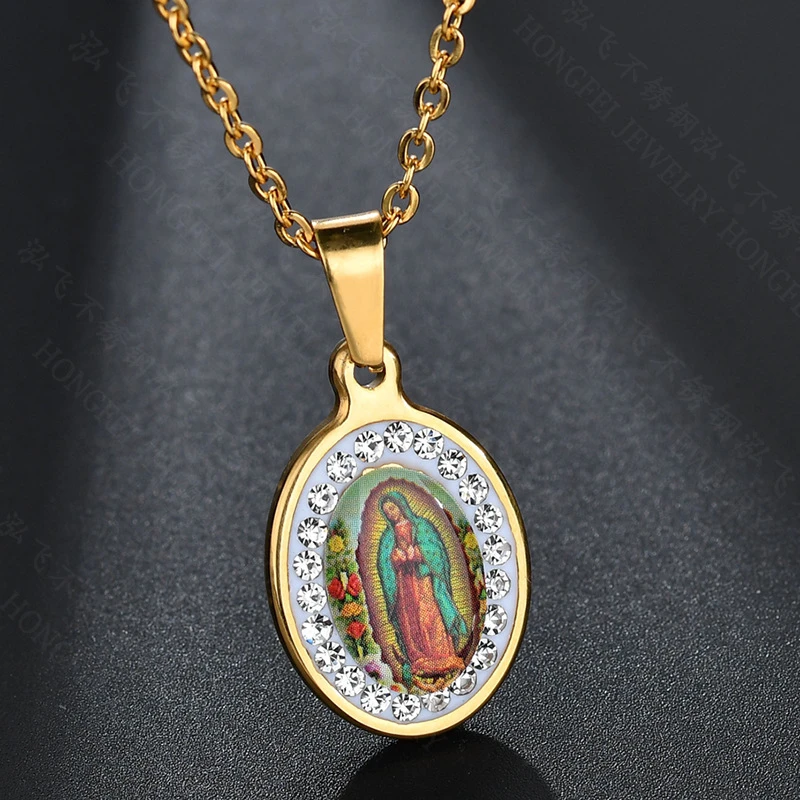 Collar con colgante de la Virgen María de acero inoxidable, circonita cúbica, collar cristiano de Guadalupe, joyería para mujeres/hombres, cadena de 19,7"