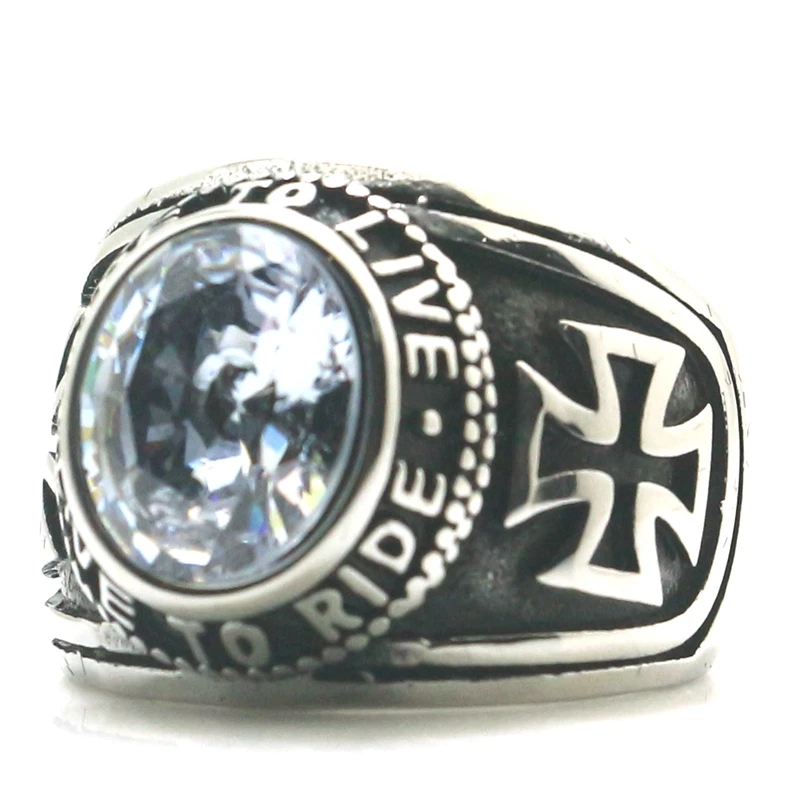 Unisex 316L Stainless Steel Cross Ride To Live, Live To Ride Clean Stone Ring Newest