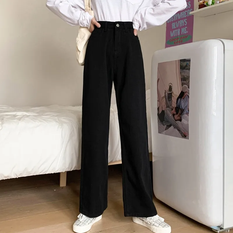 Women White Casual Jeans New Arrival 2021 Autumn Korean Style All-match Loose High Waist Female Wide Leg Denim Pants T012