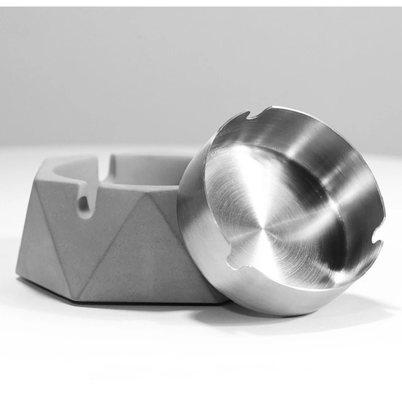 Concrete Ashtray with lid Geometric Cigarette Ashtray Outdoor Ashtray with Stainless Steel Inner Tray Nordic Style Smoking Tool