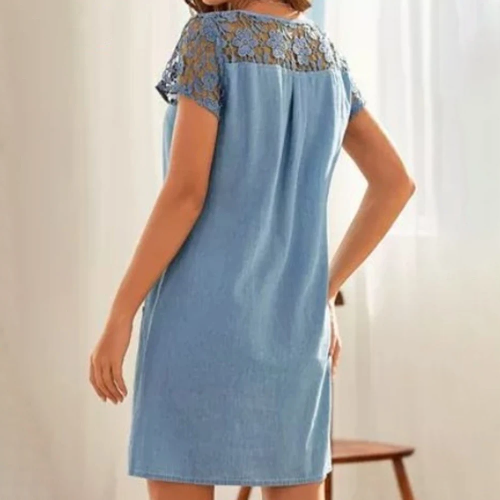 Embroidery Mesh Lace Denim Dress Patchwork Slim Women Short Sleeve Pure Color Thin A-line Jeans Dresses Plus Size S-2XL