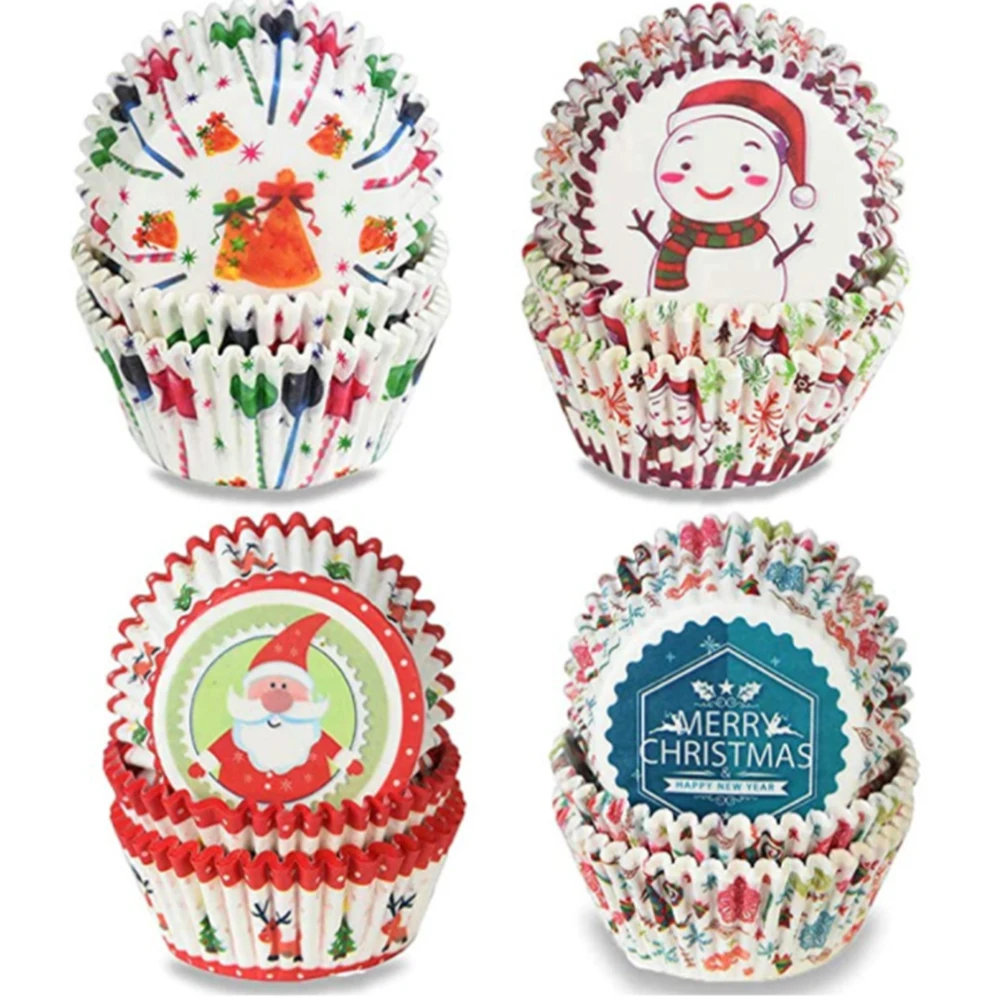 100pcs Christmas Printed Cake Paper Cups  Greaseproof Paper Cake Tray Kitchen Tools for Cake Balls, Muffins, Cupcakes