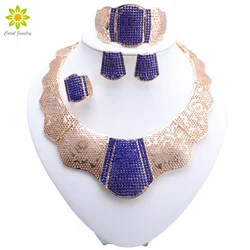 Fashion Dubai Gold Color Wedding Jewelry Sets Blue Crystal Choker Necklace Earrings Bracelet Ring Bridal Jewelry Set