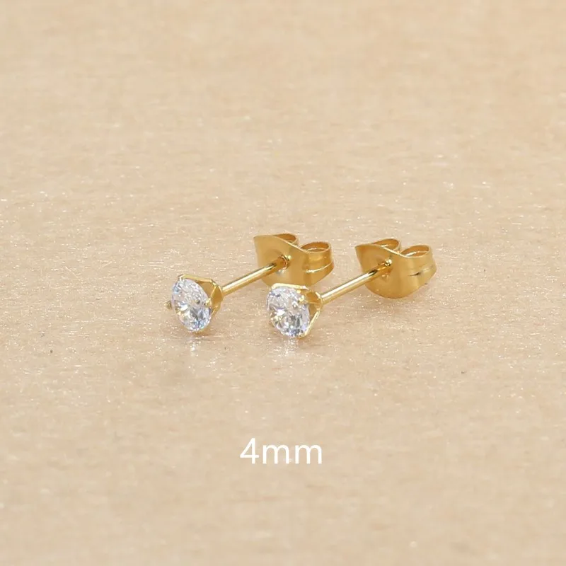 4mm 20 Colors For Choose AAA Zircons Stainless Steel Golden-color Stud Earrings No Fade Allergy Free