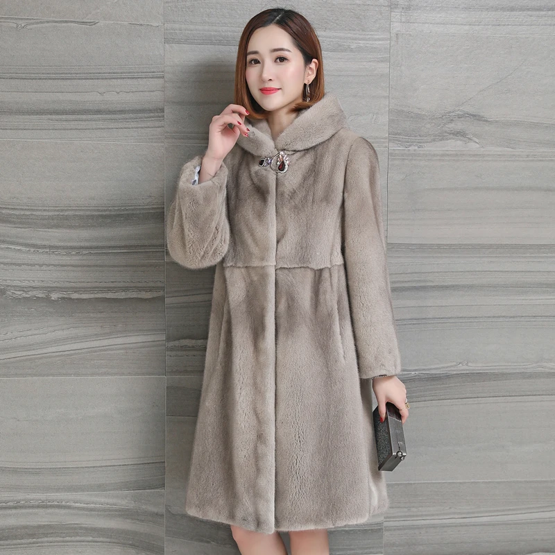 

2023 New Real Mink Fur Women x-Long Skirt Coat With Fur Hood Winter Warm Thick Whole Mink Fur Thick Jacket