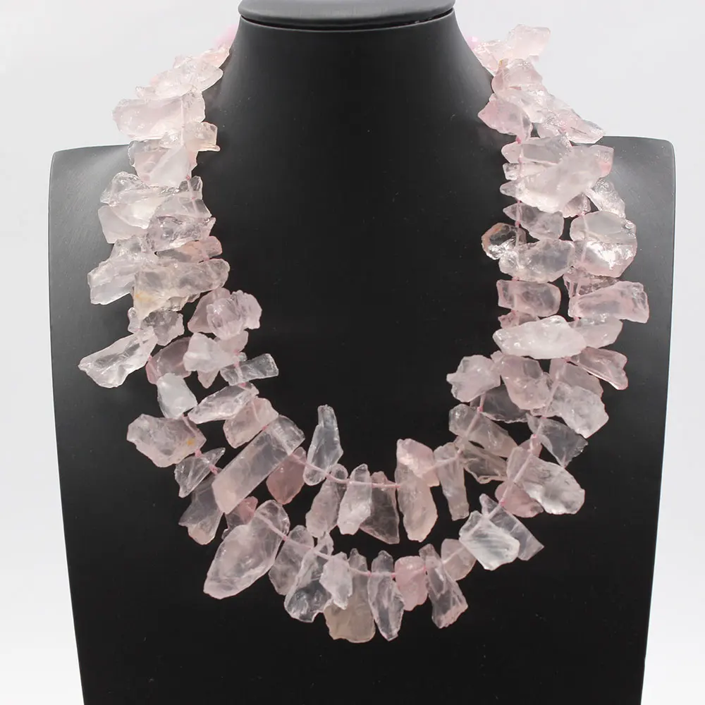 

GuaiGuai Jewelry 2 Rows Natural Rose Quartzs Rough Faceted Pink Crystal Chokers Necklace For Women