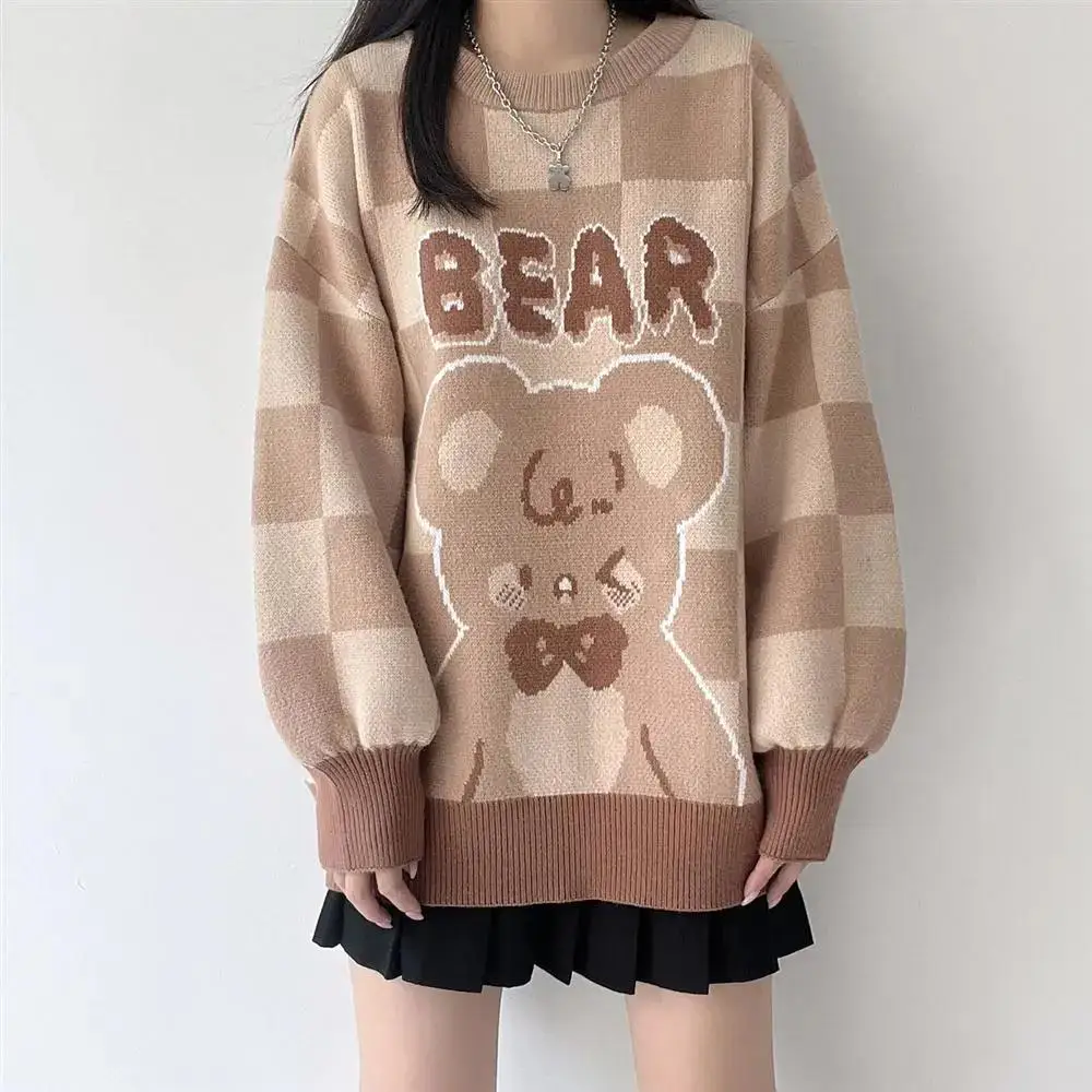 Vintage Light Brown Plaid Bear Cartoon Woman Sweaters Japan Kawaii Winter Tops Harajuku Fashion Teens Clothes Knitted Pullovers