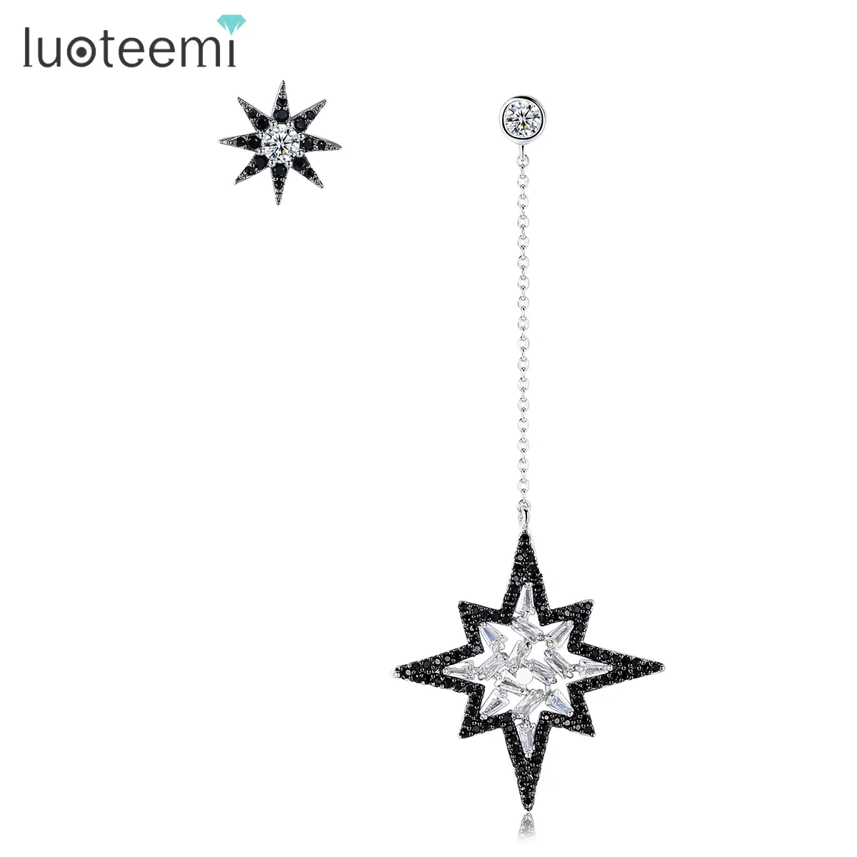 LUOTEEMI Delicate Asymmetric Personality Black Zircon Moon Star Long Chain Earrings for Women Gothic Girl Party Accessories