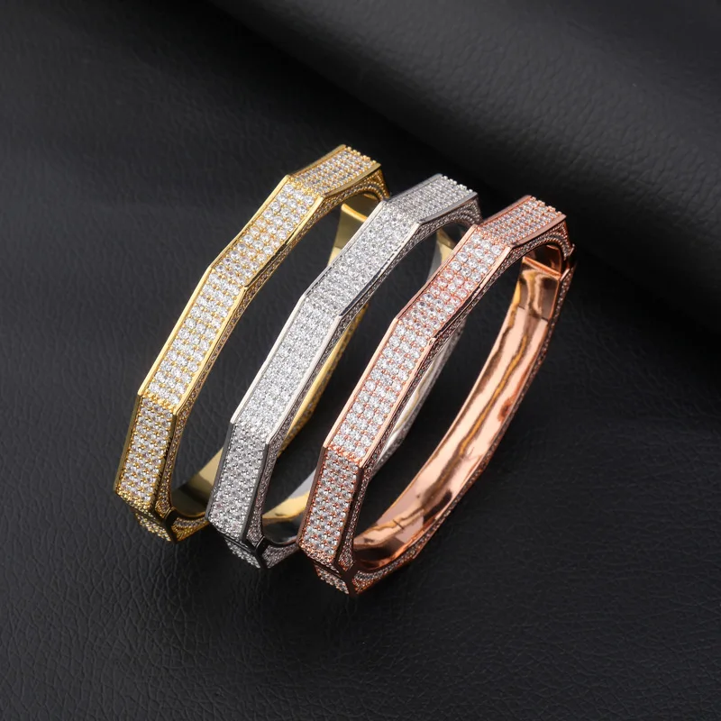 

Micro Paved AAA+ Cubic Zirconia Bling Ice Out Geometric Polygon Open Cuff Bangles Bracelets for Men Women Hip Hop Rapper Jewelry