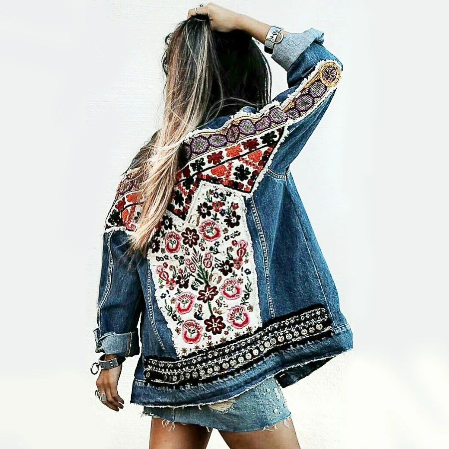 TEELYNN Denim jacket for women autumn vintage floral appliques Embroidery boho jacket long sleeve Outerwear coat female jackets