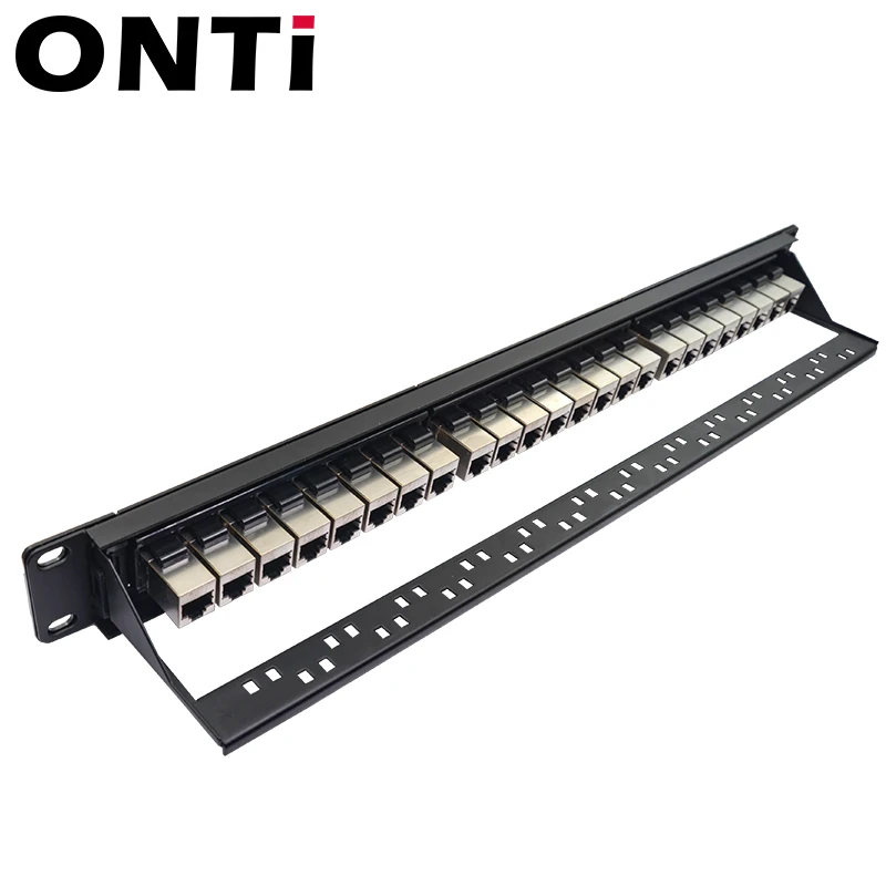 ONTi 19in 1U Rak 24 Port CAT6 Panel Patch Terlindung RJ45 Adaptor Kabel Jaringan Keystone Jack Bingkai Distribusi Ethernet