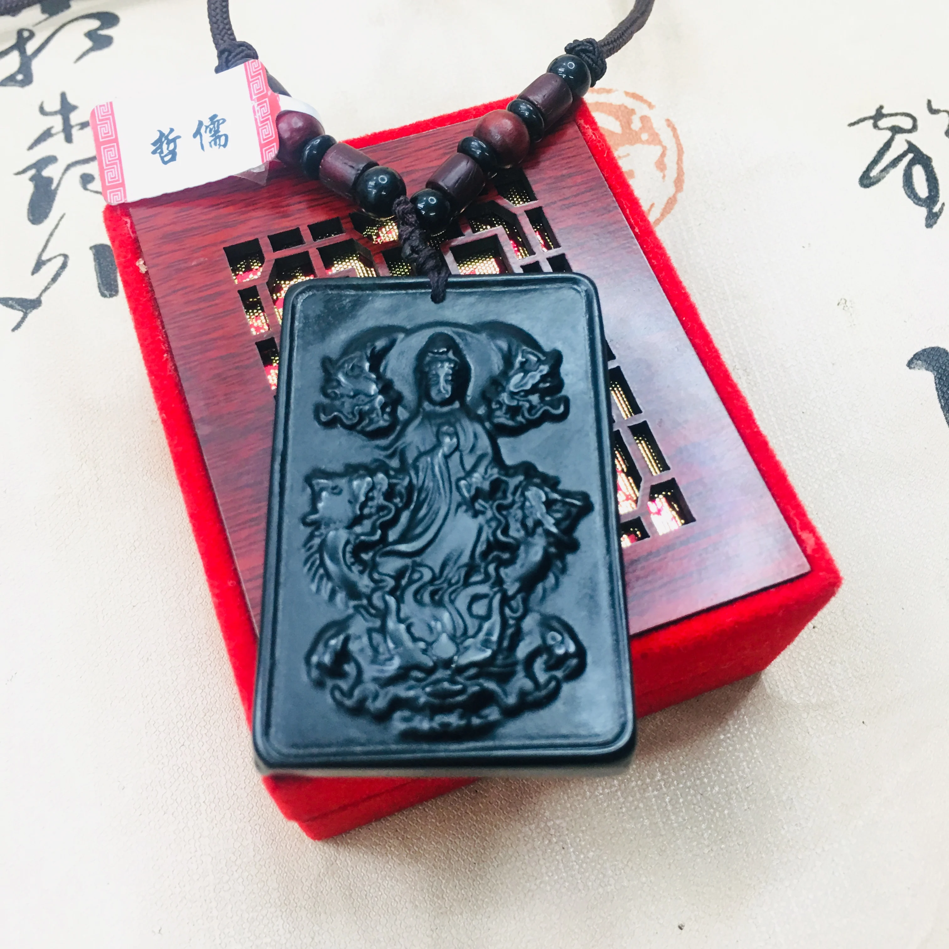 Zheru natural and Tian Moyu carved black Wulong Guanyin pendant with sandalwood beads necklace sweater chain