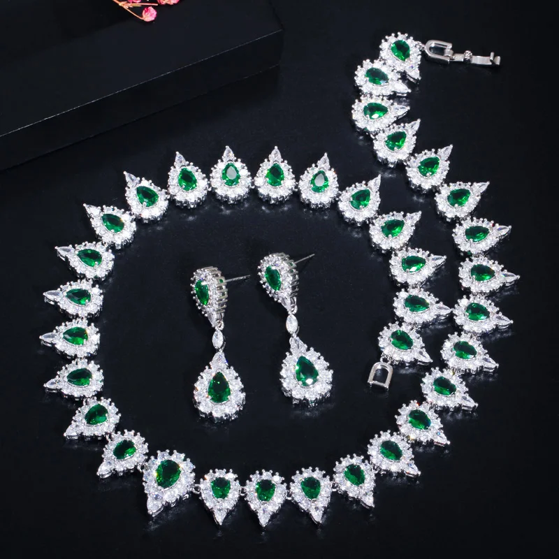 CWWZircons Shiny Green Crystal Cubic Zirconia Women Wedding Banquet Jewelry Sets Round Choker Party Necklace and Earrings T435