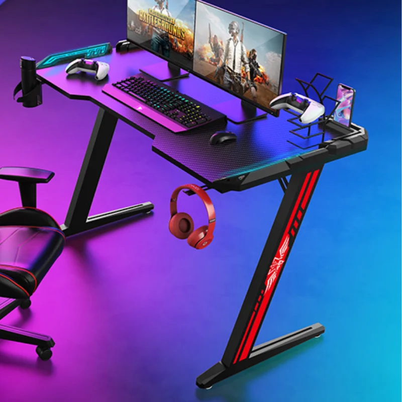 Z Shapes Black Computer Desk Game Desktop  Bedroom Computer Desks Holder Mat Glow Folding Bureau Gaming Home Furniture OF50ZZ