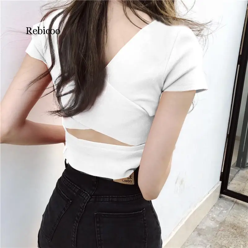 

Summer Girls V-neck Solid Backless Cropped Short Sleeve Sweaters Pullovers Ladies Hollow-out Sexy Thin Crop Tops Tees