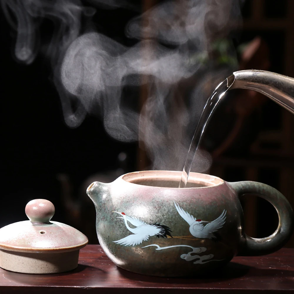 Creative ceramic teapot hand-painted crane rough pottery pot kiln Xishi pot household tea making single pot Kung Fu Tea Set