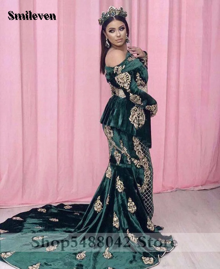 Smileven Caftan Evening Dresses Hunter Green Mermaid Prom Dress Off The Shoulder Velvet Long Sleeve Evening  Formal Party Dress