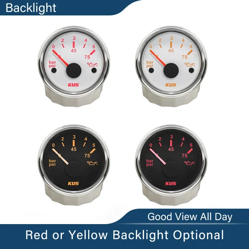 KUS-Medidor de presión de aceite de 52mm, 0-5 Bar, 0-10 Bar para Marine Auto con retroiluminación roja y amarilla disponible, 12V, 24V