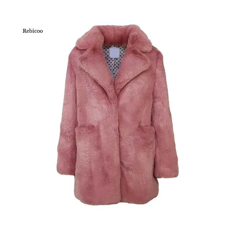 Зимнее женское высококачественное пальто из искусственного кроличьего меха, роскошное длинное меховое пальто, пальто с лацканами, толстые теплые Искусственные женские плюшевые пальто