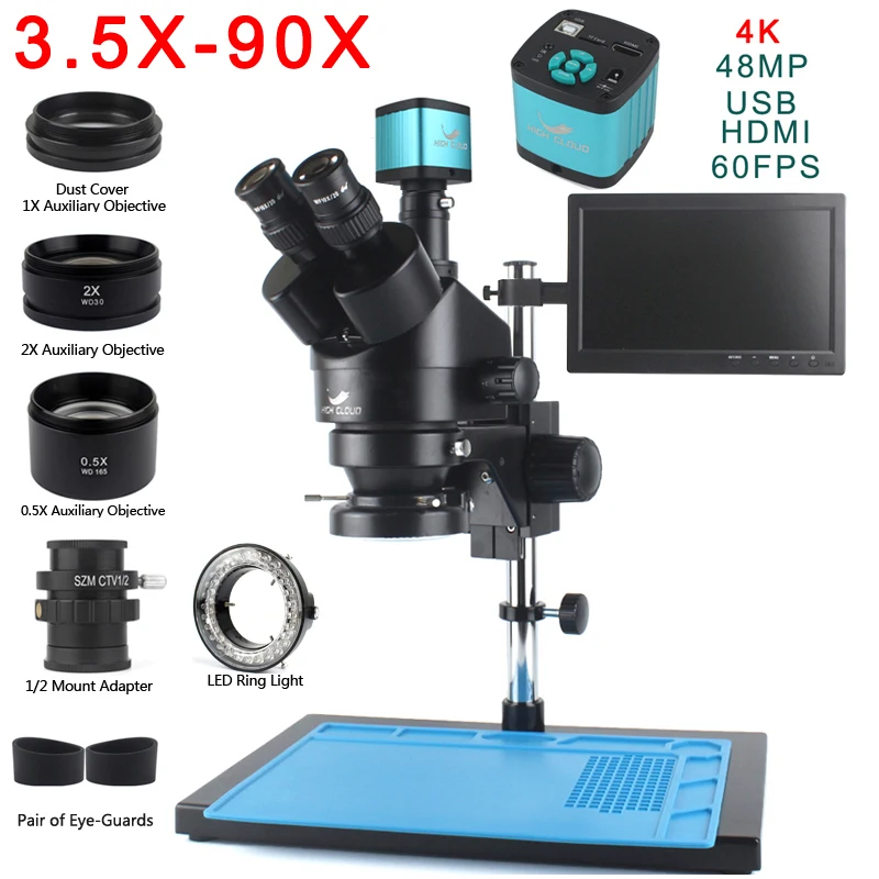 

48MP 4K HDMI-совместимая USB-камера для микроскопа 3,5X-90X, симфокальный тринокулярный стереомикроскоп, паяльная печатная плата, комплект для ремонта ювелирных изделий
