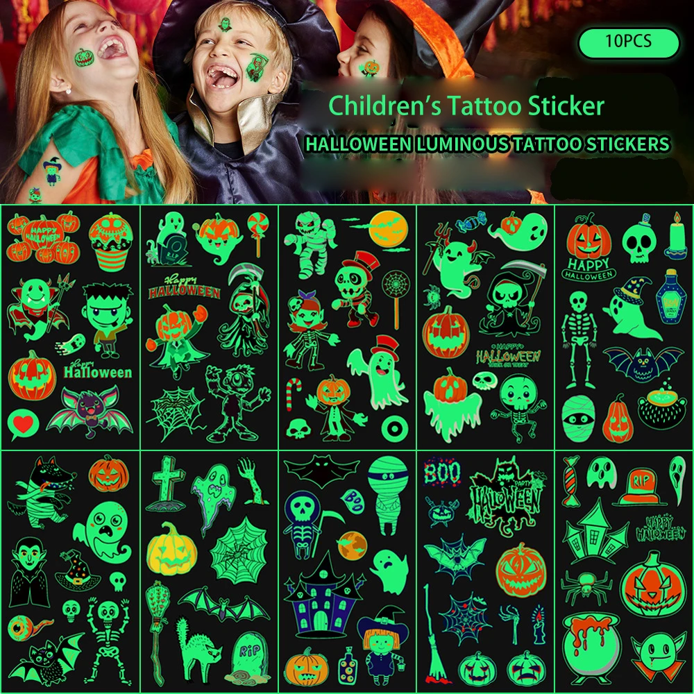 10 pçs luminosa tatuagem adesivo de halloween temporária à prova dwaterproof água dos desenhos animados transferência corpo arte braço perna rosto abóboras crianças brinquedo do miúdo