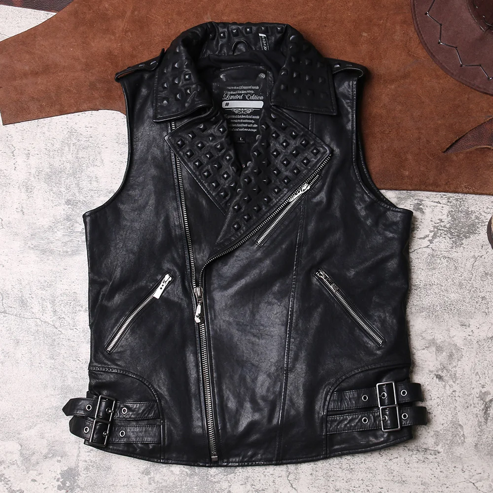 DSV480 Rock Can Roll Read Description! Asian Size Super Quality Leather Vintage Waistcoat Men's Sheep Stylish Punk Vest