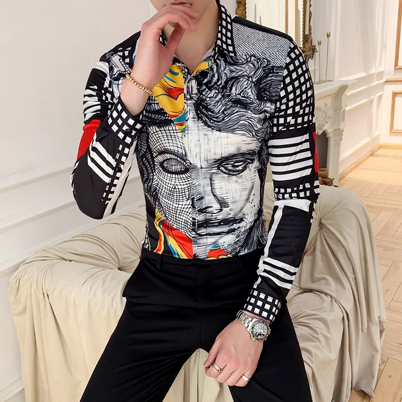 

Face 7xl Big Print Shirt Men 2020 Long Sleeve Designer Pattern Shirt Men Chemise Homme Manche Longue Mannen Kleding 7xl