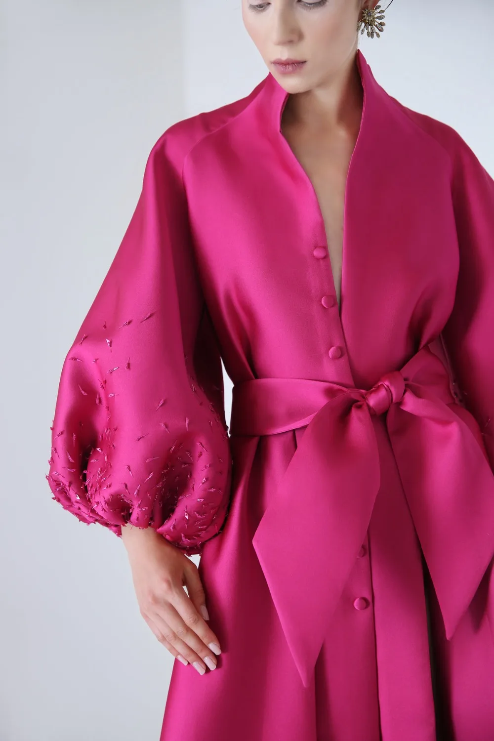 Fuchsia Mới Dạ Hội Abendkleider Full Phồng Tay Dạ Hội Nơ Thời Trang Váy Hoa Văn Abiye Áo Dây De Soiree