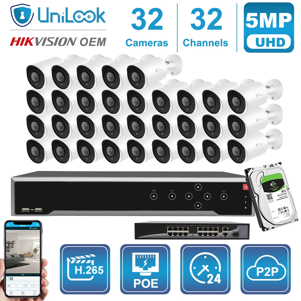 

Unilook OEM 32CH 5MP Bullet POE IP Camera NVR Kit Outdoor CCTV Surveillance DS-7732NI-I4/16P Customized Plug&Play System H.265