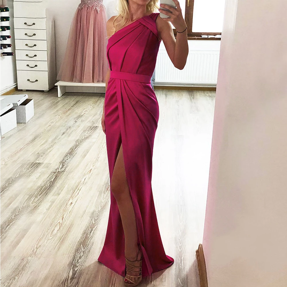 2022 Wine Red Mermaid Avondjurken Een Schouder Voor Vrouwen Side Slit Satin Plisse Sexy Formele Lange Prom Jurken Voor party