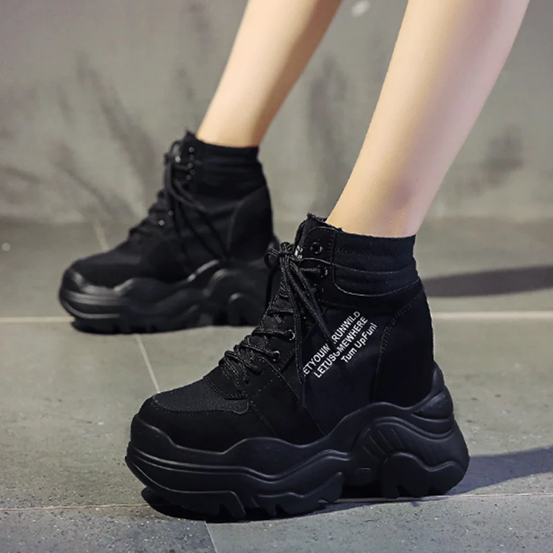 2022 neue Herbst Stiefel Frauen Hohe Plattform Turnschuhe 12CM Höhe Zunehmende Ankle Stiefel Dicke Sohle Atmungs Leinwand Schuhe Frau
