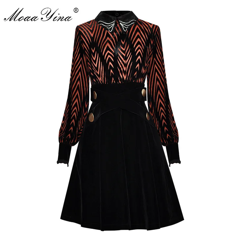 MoaaYina Fashion Designer dress Spring Autumn Women's Dress turn-down collar Beaded Lantern Sleeve Stripe Velvet Dresses