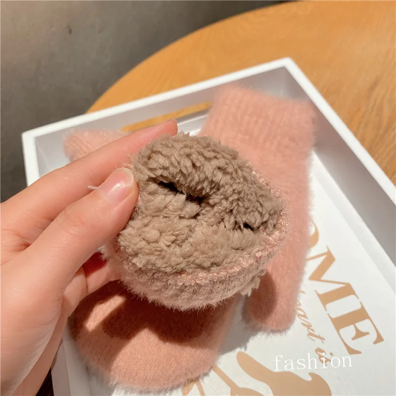 Simple Style Knitting Wool Plus Velvet Thicken Full Finger Women Winter Mittens Gloves Hairy Cute Lovely Sweety Keep Warm Soft