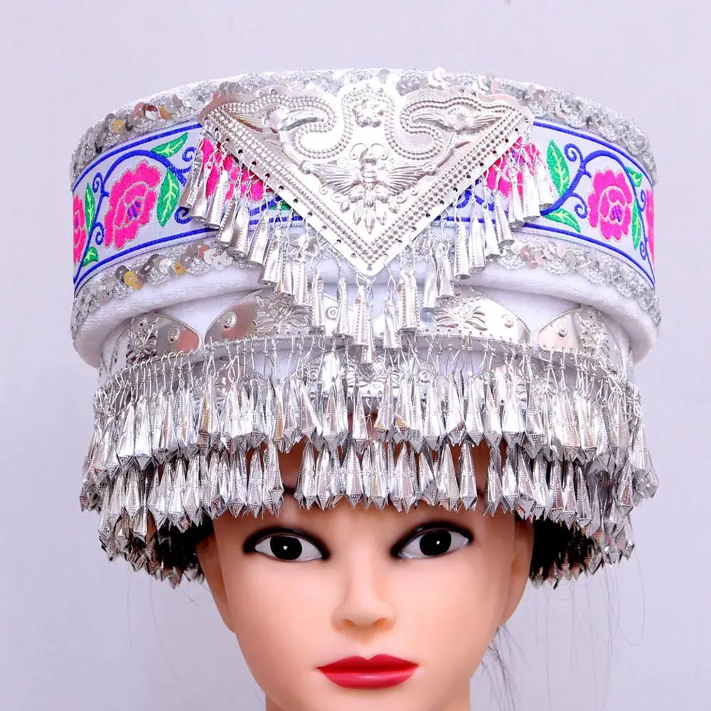 Chinese Folk Dance Costume Headdress For Woman Silver Miao Hats Hmong Headwear Stage Dancer Hats Chinese Minority Clothing