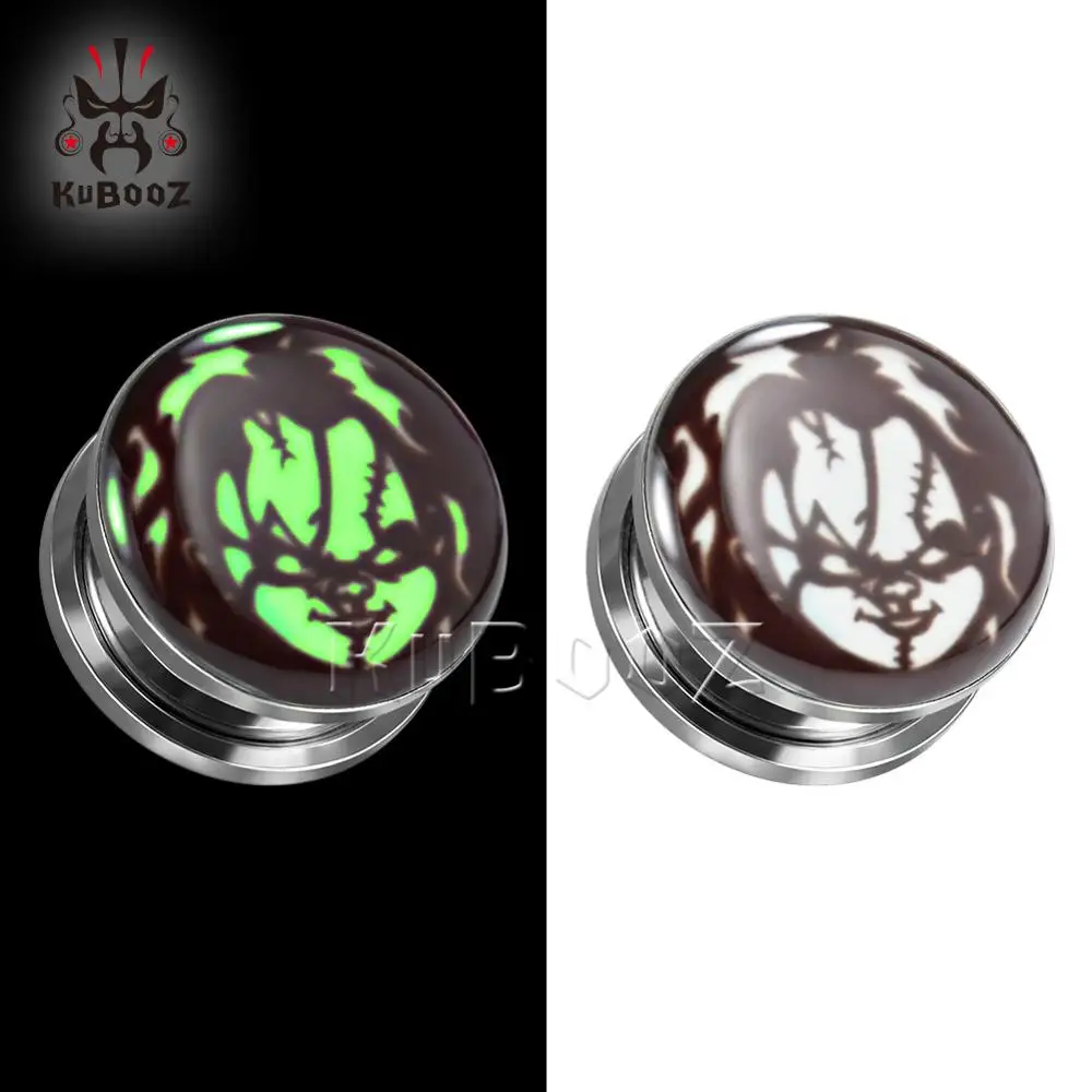 KUBOOZ Fashion Stainless Steel Luminous Skull Logo Ear Gauges Expanders Earrings Tunnels Plugs Piercing Stud 6mm to 30mm 2PCS