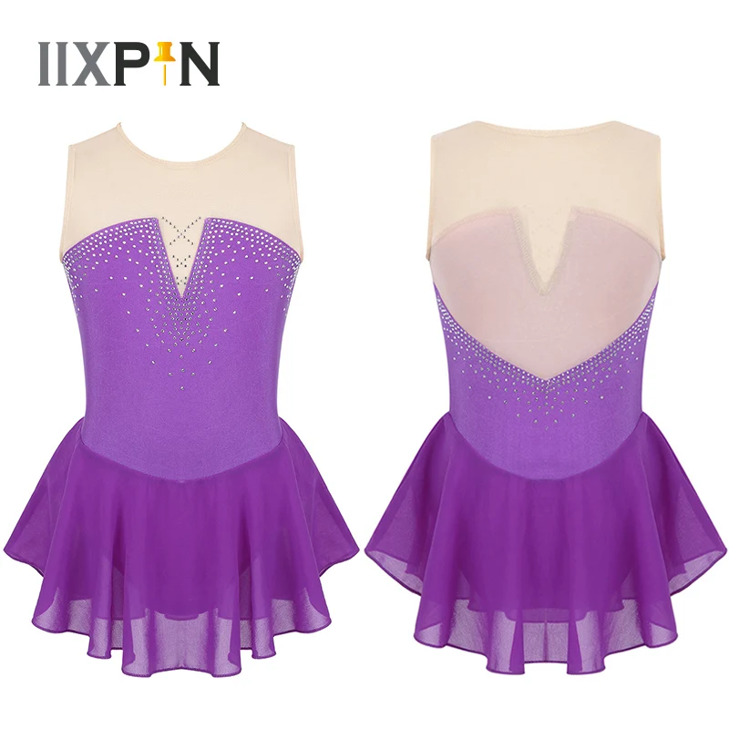 

Girls Gymnastics Leotard Dress Figure Skating Dress Sleeveless Sparkly Inlaid Rhinestone Mesh Splice Skating Ballet Dance Dress