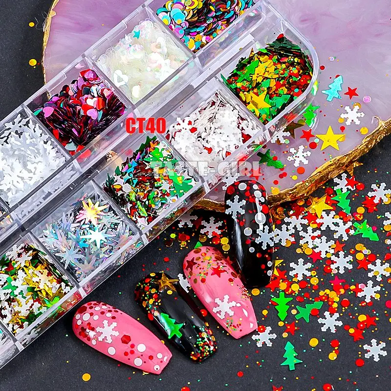 Mix Christmas Snowflake Xmas Tree Starlights Holo Nail Glitter Sequins Nail Art Slice Stickers Decoration 12 Grids/Box Or 1 Jar