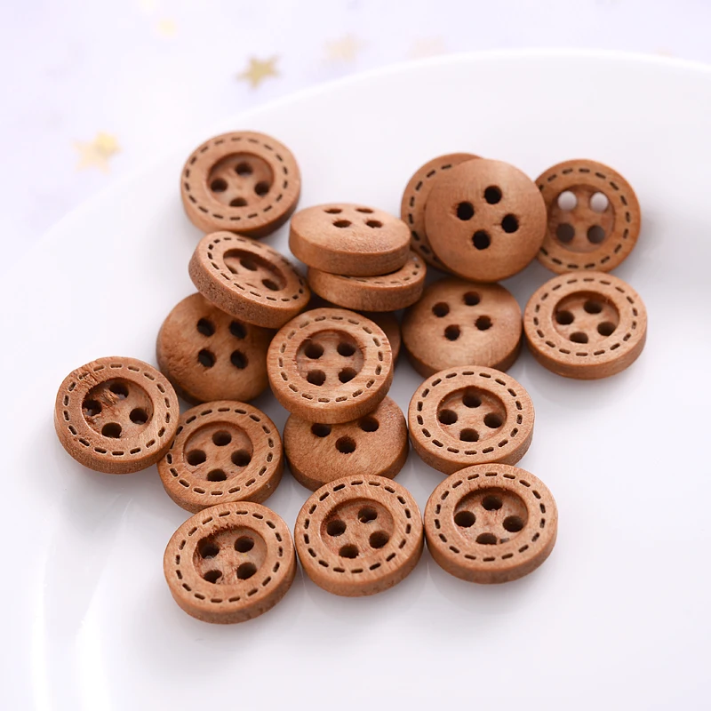 Hot 12mm 100Pcs Brown Dotted Line Wooden Buttons Scrapbooking Handmade Decorative Button For Apparel DIY Sewing Accessories