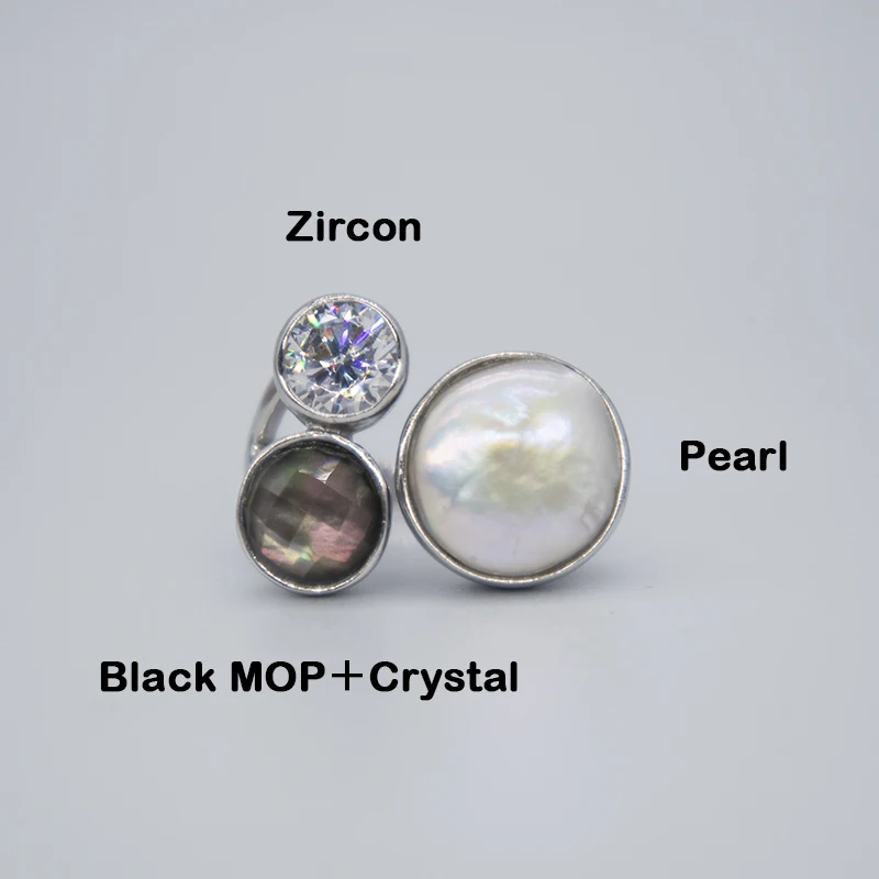 MIQIAO Silver Rings With Pearls On Fingers With Stone Geometric Circular Zircon Black Mother Of Pearl White Crystal Adjustable