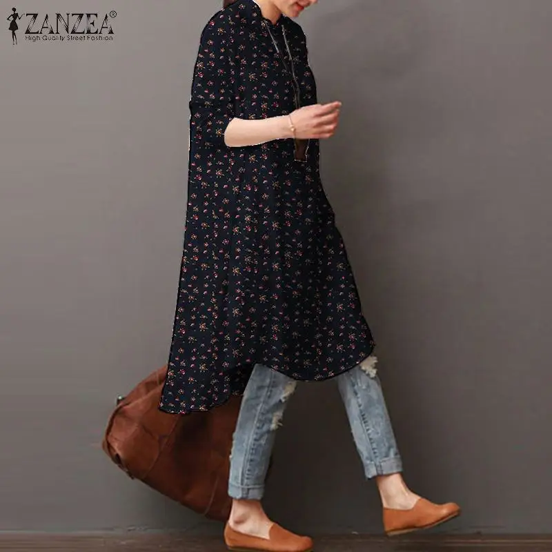 Kaftan Floral Tops Women\'s Autumn Blouse ZANZEA 2023 Casual Asymmetrical Tunic Female Button Down Blusas Oversized Tunic