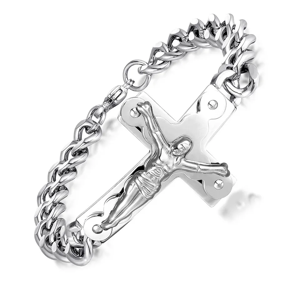 

Cool Man Crucifix Jesus Cross Charm Bracelets 21cm Male Gold Color Stainless Steel Curb Cuban Link Braceles For Men Jewelry 2021