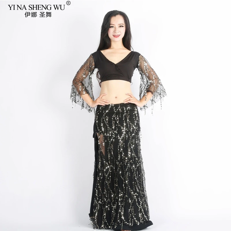 2ピース登るスパンコールタッセルベリーダンスのパフォーマンス衣装セクシーなトップスプリットスカート練習衣装ステージ性能もショーの服