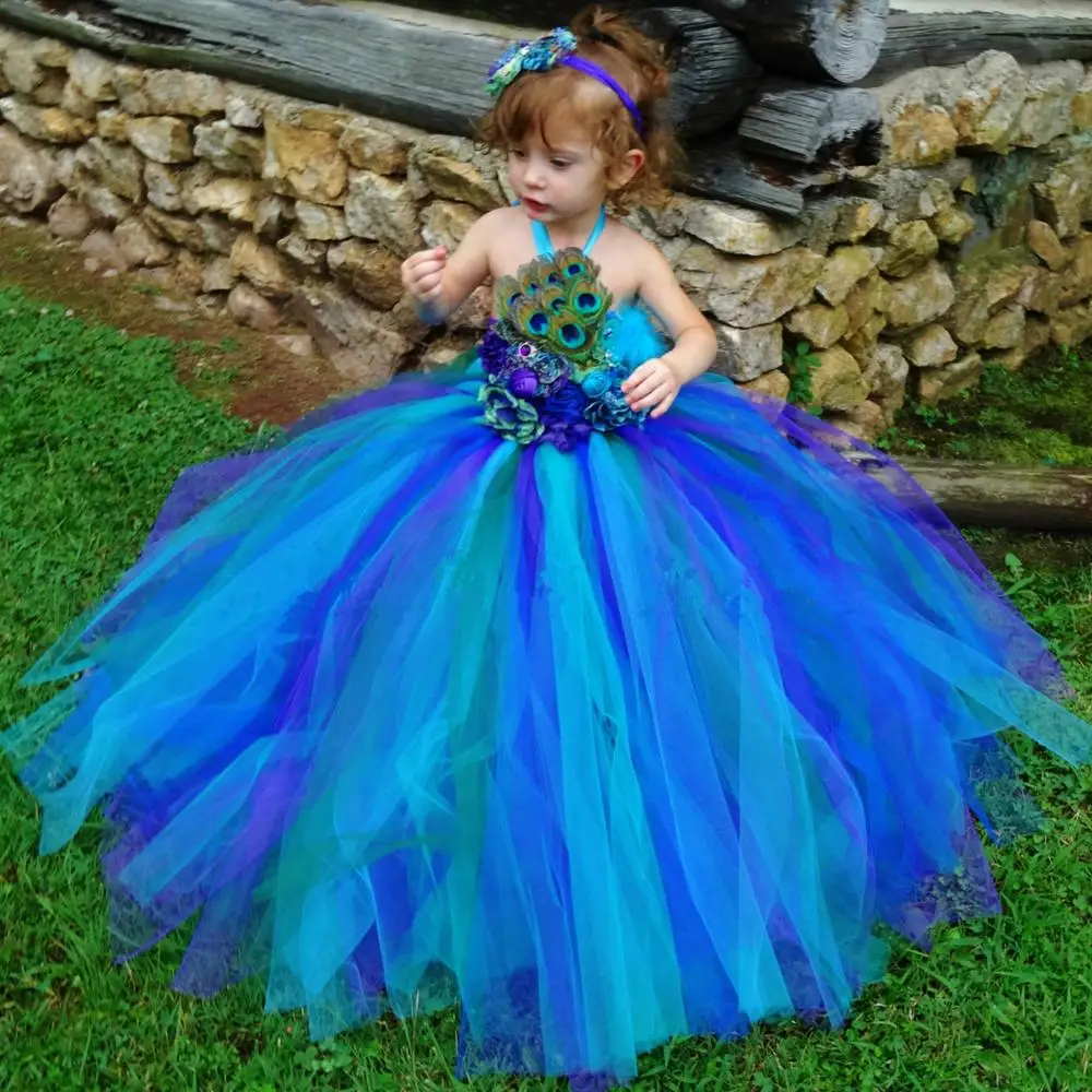 Elegant Peacock Costume for Girls Princess Dress Kids Ankle Length Sleeveless Party Dress Christmas Halloween Cosplay Tutu Dress