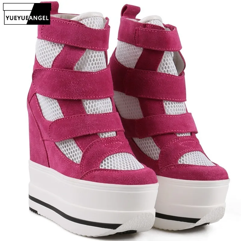 

Height Increased Women Platform Shoes 14CM Wedge Casual Sneakers Hook & Loop Round Toe Breathable Mesh High Top Summer Shoes