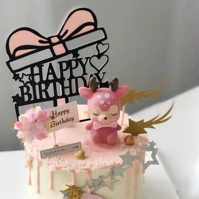 lovely Bow Gift Box Series Happy Birthday Cake adorn  Card baby birthday party cake Decoration dessert table cake insert flag