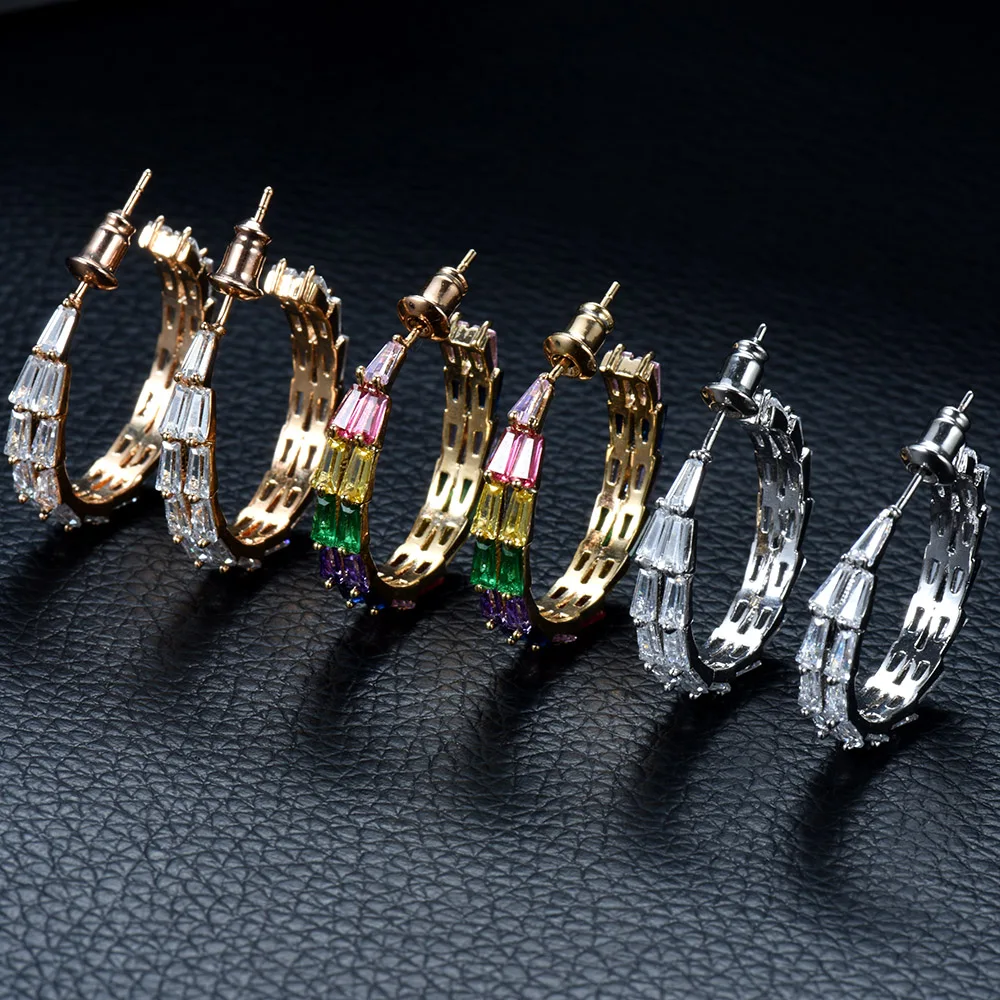

HIBRIDE Fashion AAA Cubic Zirconia Baguette Hoop Earring Brincos For Women Jewelry Circle Earrings Bijoux Femme Jewelry E-845
