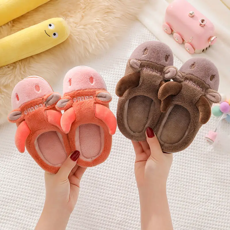 Leuke Hoorns Kinderen Katoen Slippers Herfst En Winter Cartoon Bont Slippers Baby Interieur Jongens En Meisjes Harige Slippers