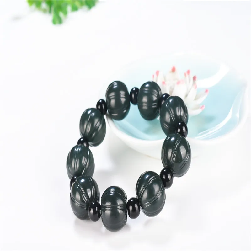 

Natural Hetian Qingyu Lotus and pumpkin Bead Jade Bracelet Jewelry Fine Jewelry Lucky Safety Auspicious Amulet Jade Bracelet