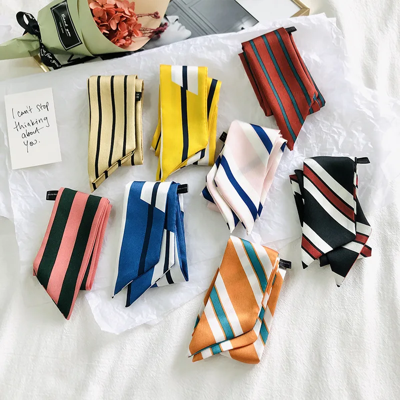 2025 New Style Fashion Ribbon Narrow Silk Scarf Women Small Long Decorative Hair Band Printed Silk Skinny Scarf Neckerchief