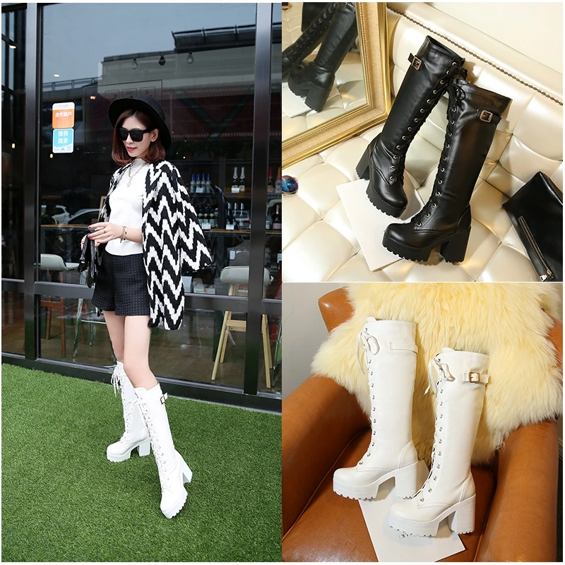 Women Boots Autumn Winter Warm Sexy New Fashion Lace-up Pu Knee-high Motorcycle Boots Black White Buckle High-heeled Shoes S-51